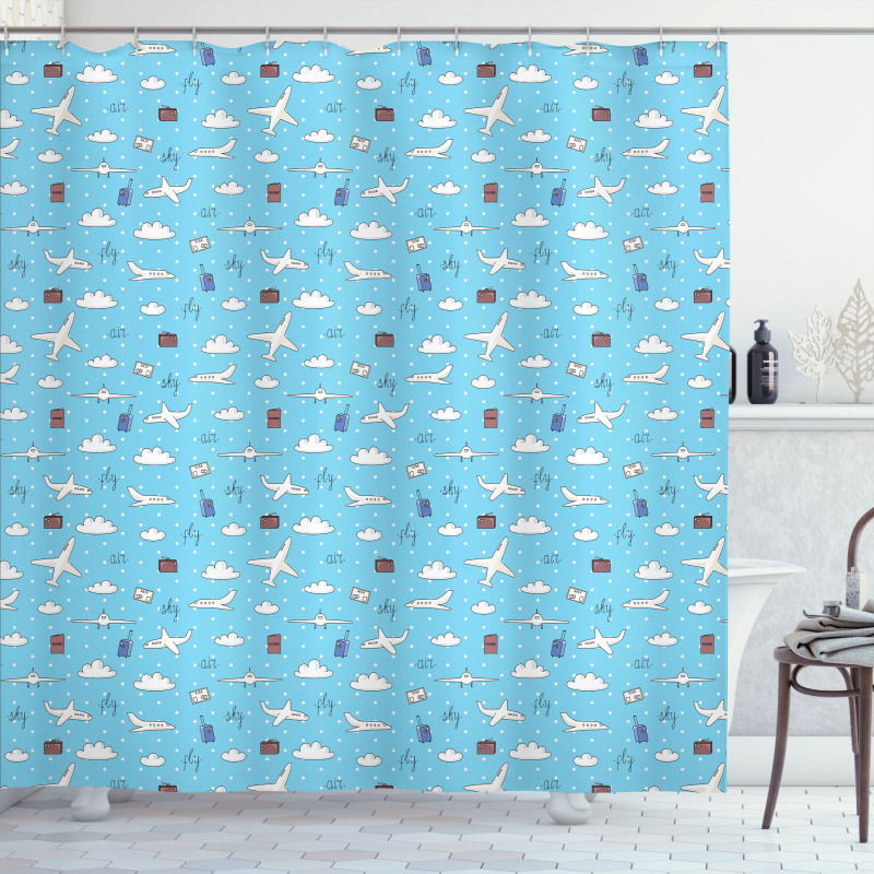 Planes and Luggage on Sky Shower Curtain