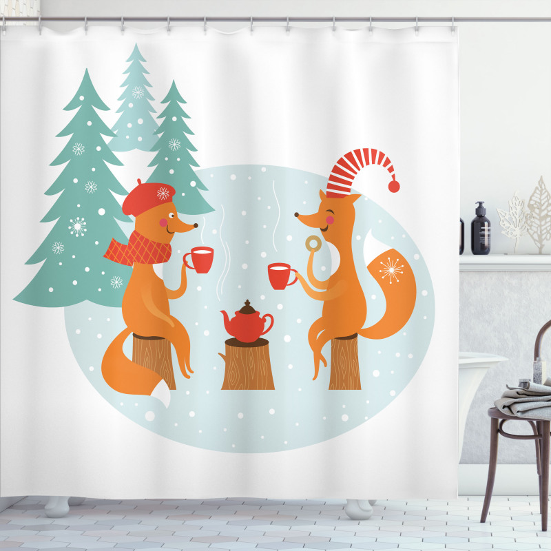 Happy Foxes Winter Shower Curtain