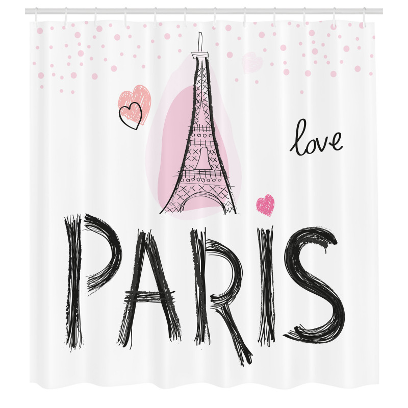 Paris Duş Perdesi Romantik ve Kalpli Eyfel Kulesi Grafik Çizim