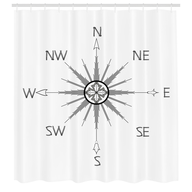 Pusula Duş Perdesi Yönleri Gösteren Rüzgar Gülü Monokrom Çizimi