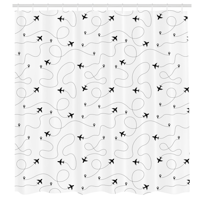 Yolculuk Duş Perdesi Uçak Rotaları Monokrom Çizgili Deseni