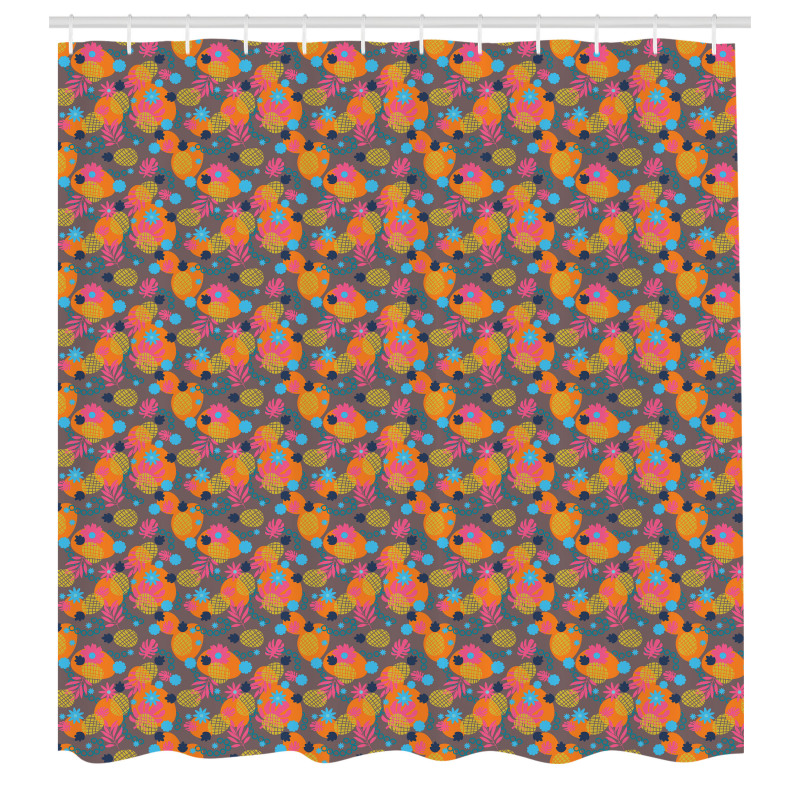 Neşeli Duş Perdesi Grafik Çizim Ananaslar Yuvarlak ve Çiçekler