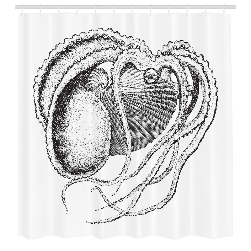 Argonot Duş Perdesi Sade Arka Plana Çizilmiş Siyah Ahtapot
