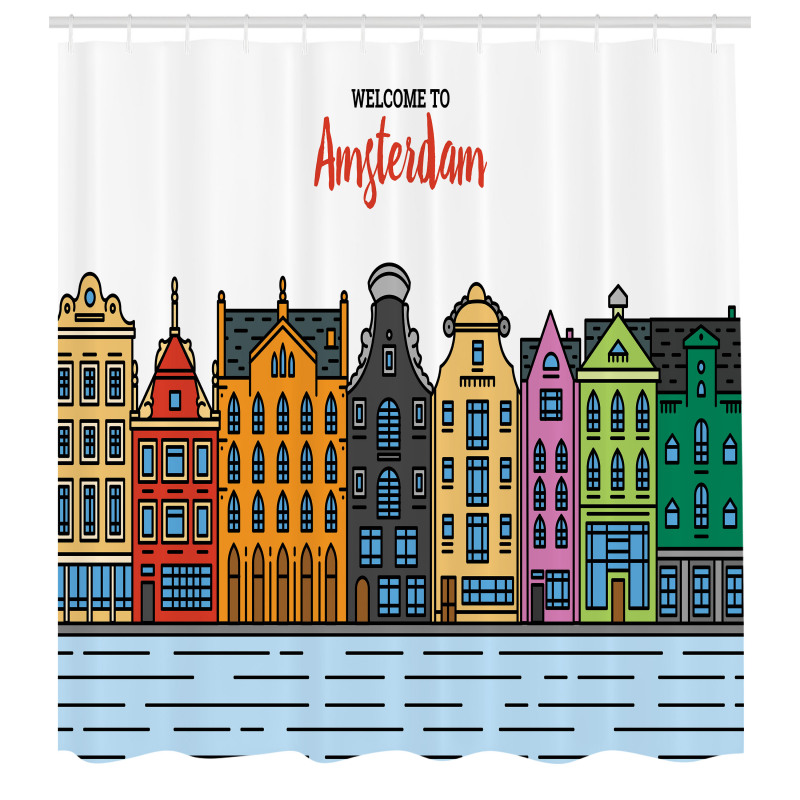 Şehir Duş Perdesi Amsterdam Evleri Panoramik Grafik Çizimi