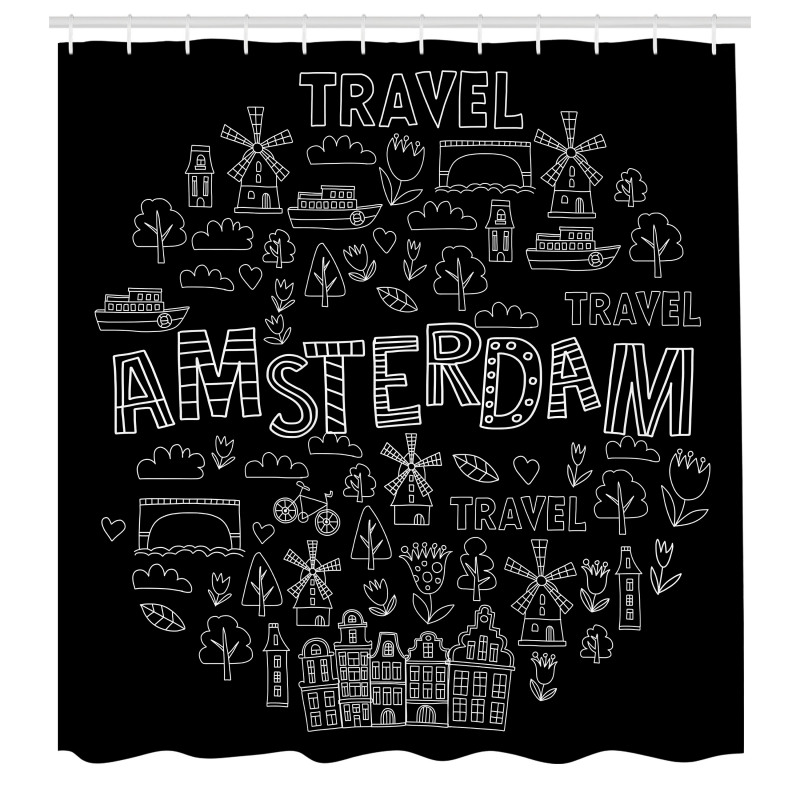 Avrupa Duş Perdesi Amsterdam Simgeleri Modern ve Grafik Çizim