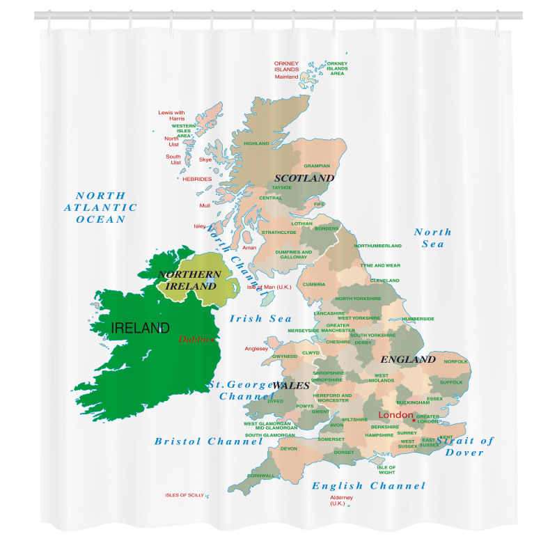 Coğrafya Duş Perdesi Detaylı ve Tam Büyük Britanya Haritası