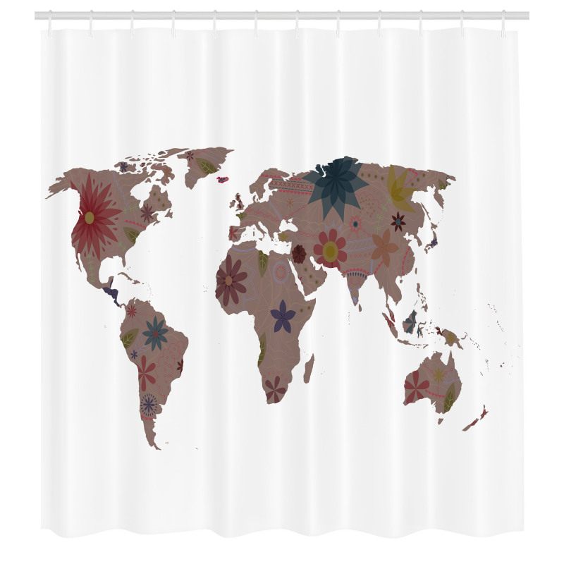 Harita Duş Perdesi Rengarenk Mor Çiçekli Dünya
