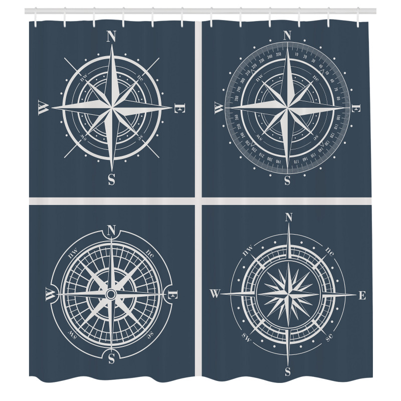 Denizcilik Duş Perdesi Farklı Şekillerde 4 Ayrı Pusula Figürü