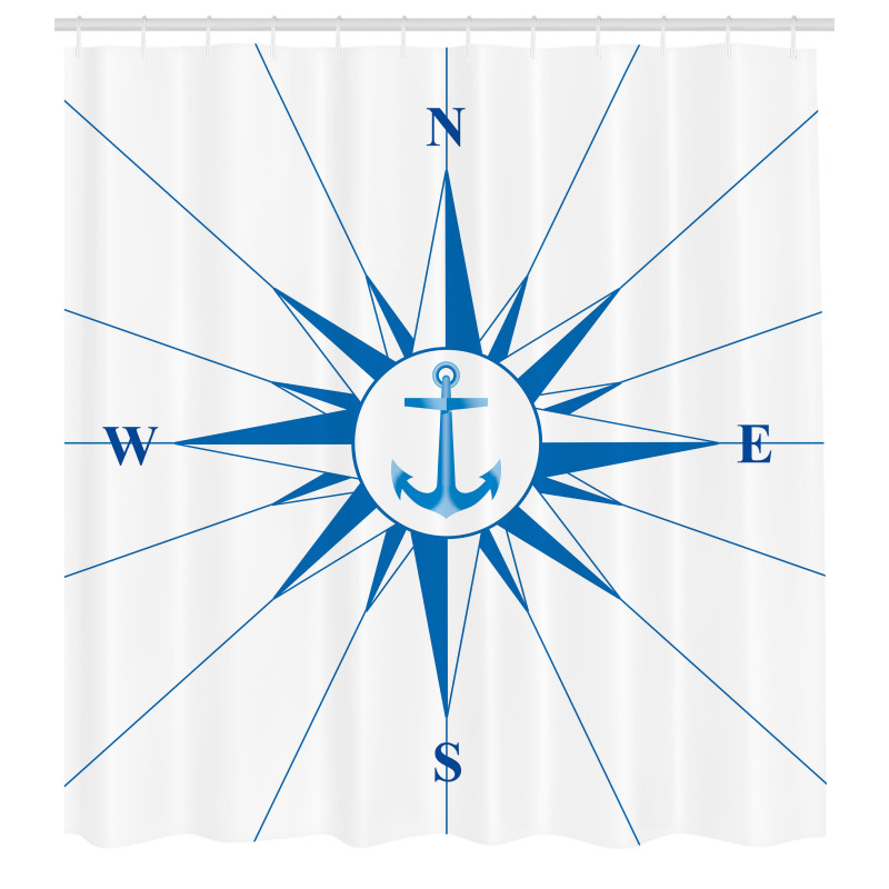 Denizcilik Duş Perdesi Mavi Çapa Sembollü Pusula Yolculuk Keşif