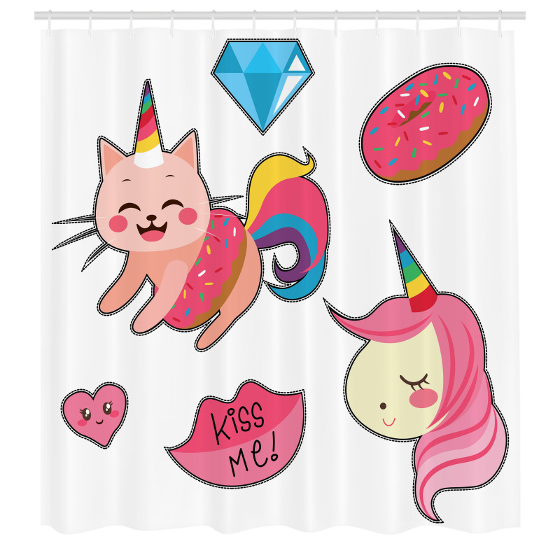 Tatlı Duş Perdesi Pembe Unicorn ve Kedi