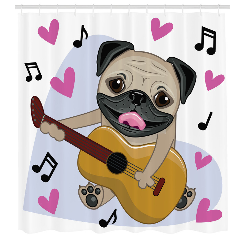 Müzik Duş Perdesi Gitar Çalan Pug Köpek Kalp Nota Beyaz Fon