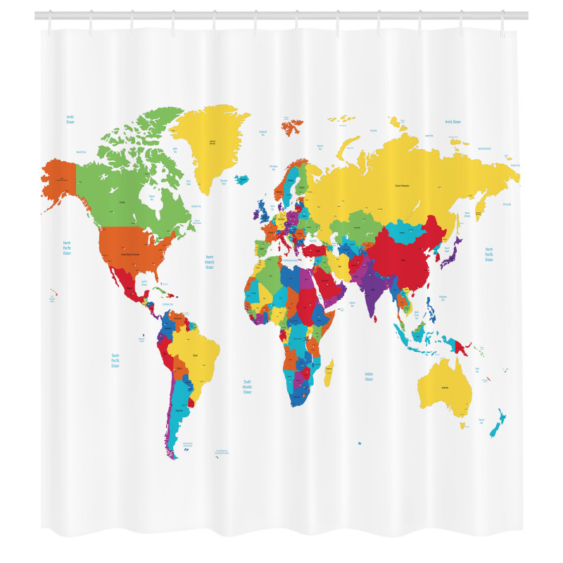 Haritalar Duş Perdesi Dünya Haritası Renkli Stil Desenli