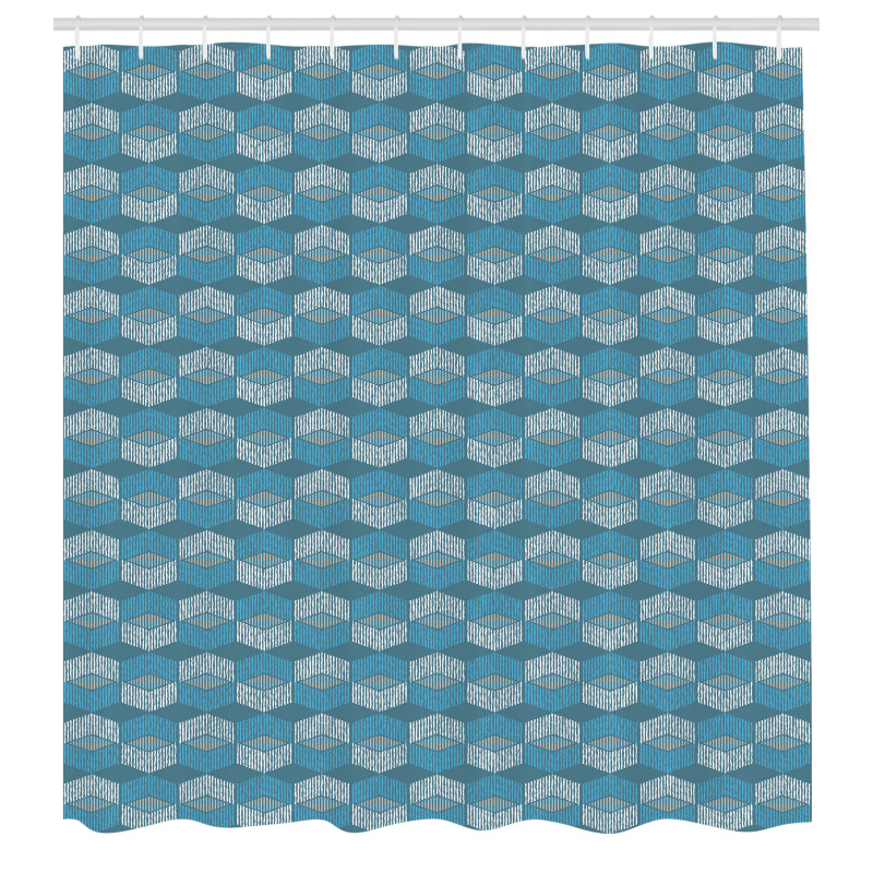 Retro Duş Perdesi Etnik Geometrik Desenli Mavi Beyaz Şekiller