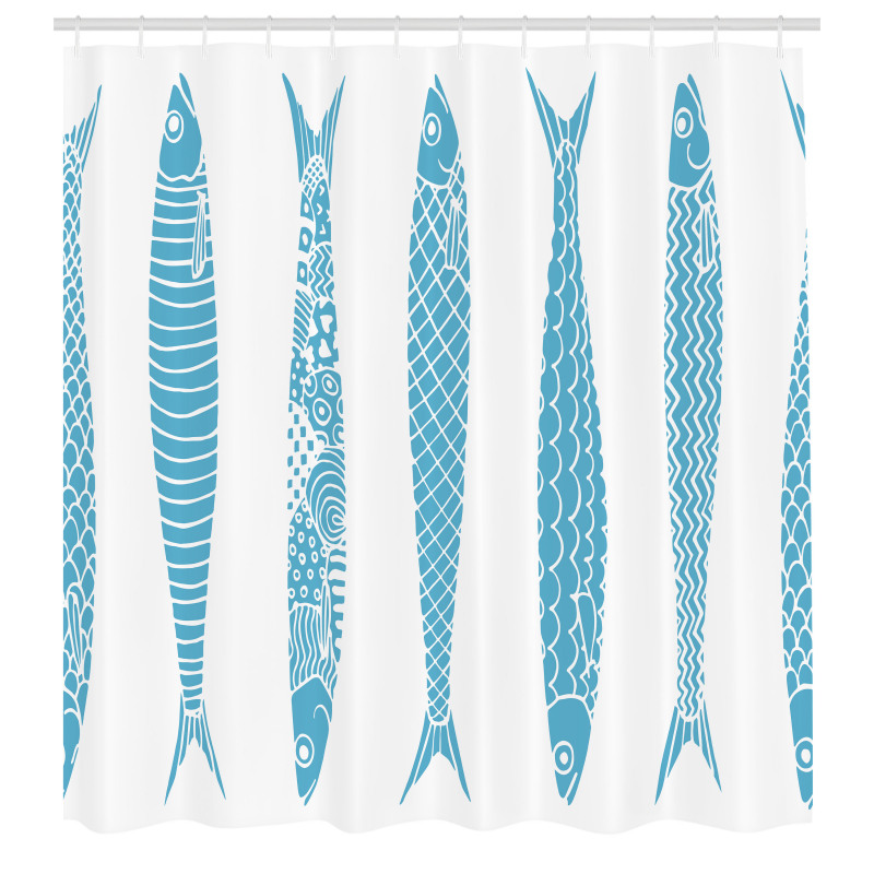 Deniz Duş Perdesi Geometrik Desenler ile Uzun Balık Çizimleri