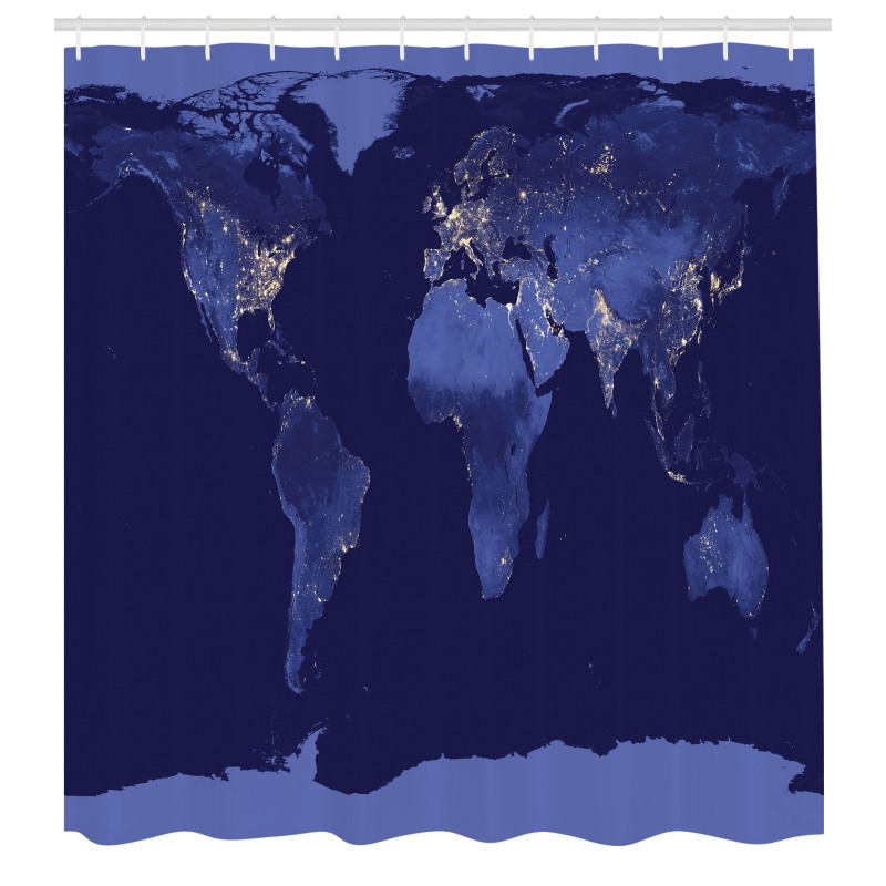 Coğrafya Duş Perdesi Lacivert Tonlarda Gece Dünya Haritası