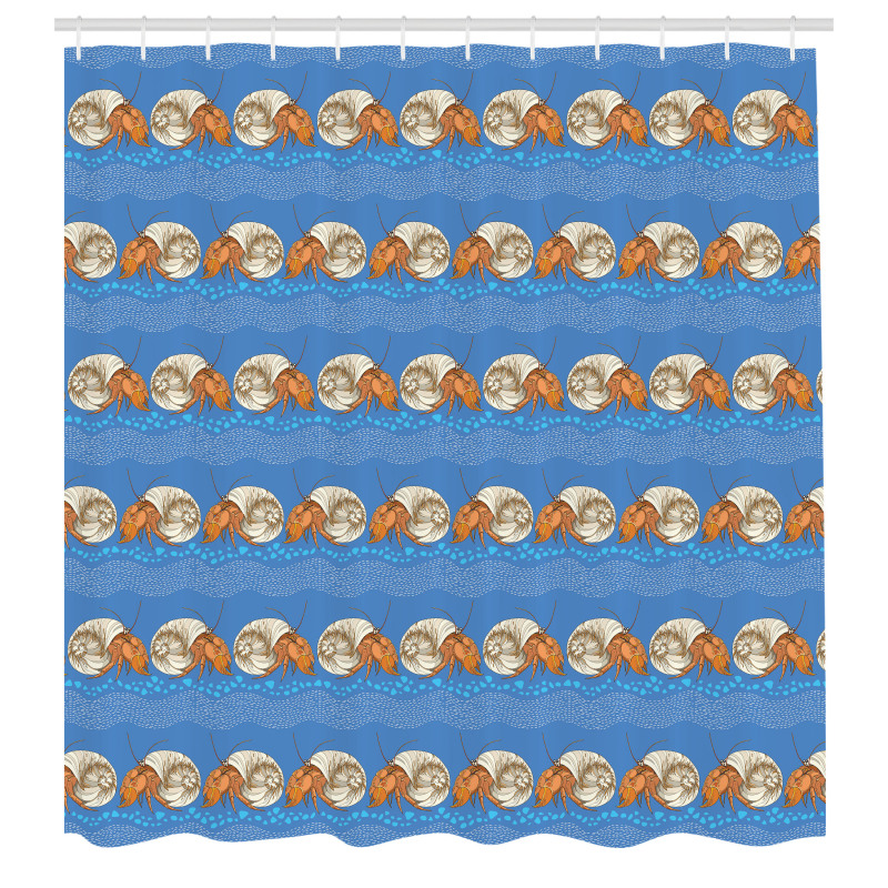 Hayvanlı Duş Perdesi Dalgalı Şeritli Mavi Fonda Yengeç Çizimi