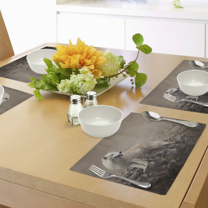 White Wolf on the Rocks Place Mats