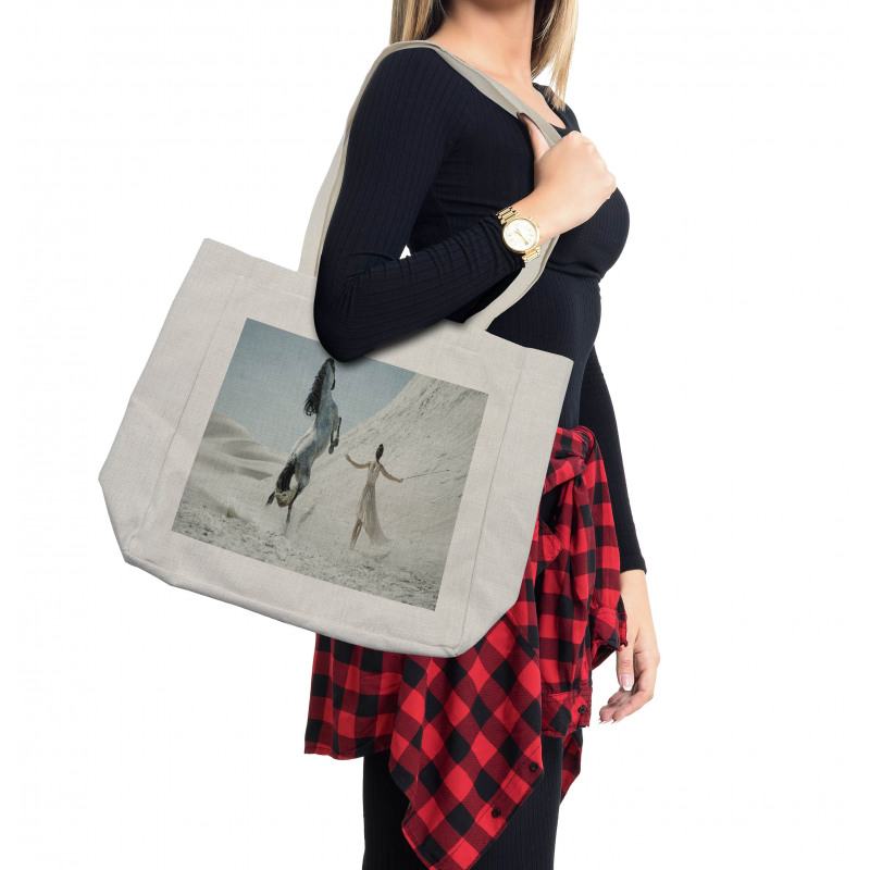 Lady with White Horse Shopping Bag