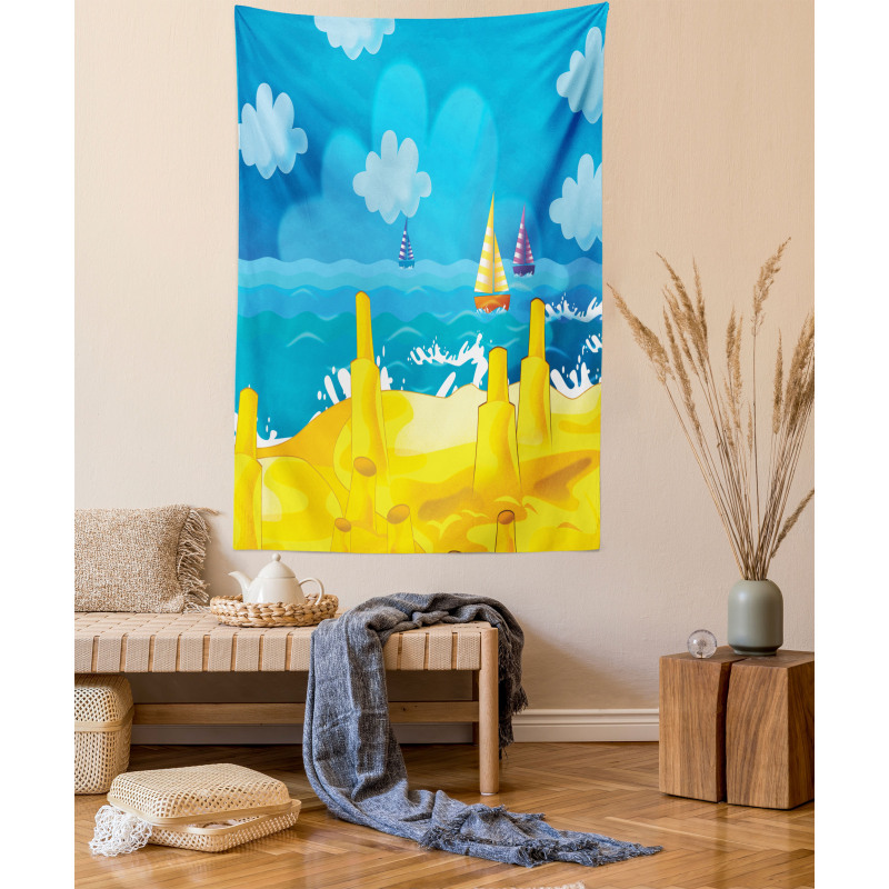 Vibrant Seaside Cartoon Scene Tapestry