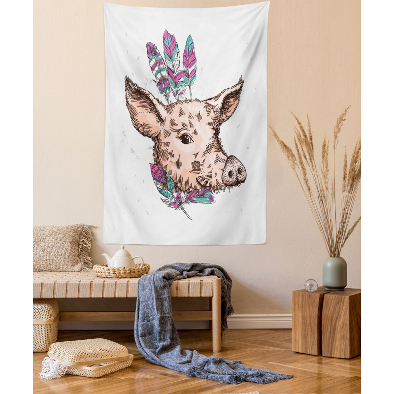 Pig Portrait Feathers Tapestry