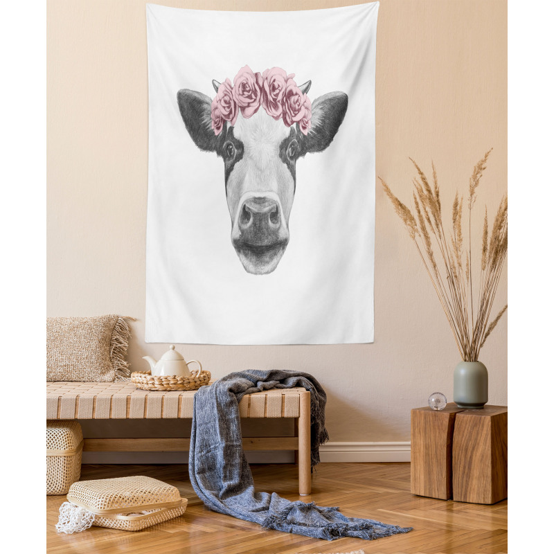 Cow with Roses Wreath Tapestry