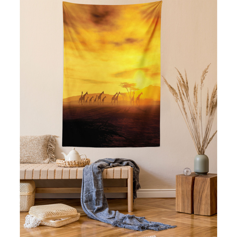 Dramatic Sunset Giraffes Tapestry