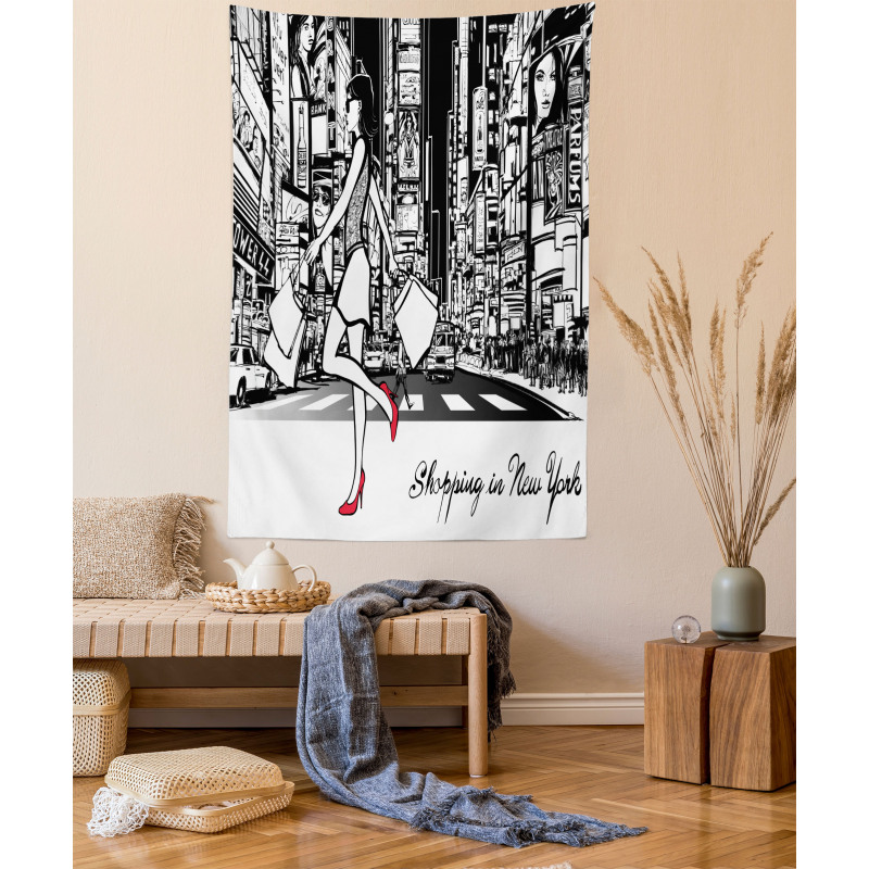 Lady Passing Crowded City Tapestry