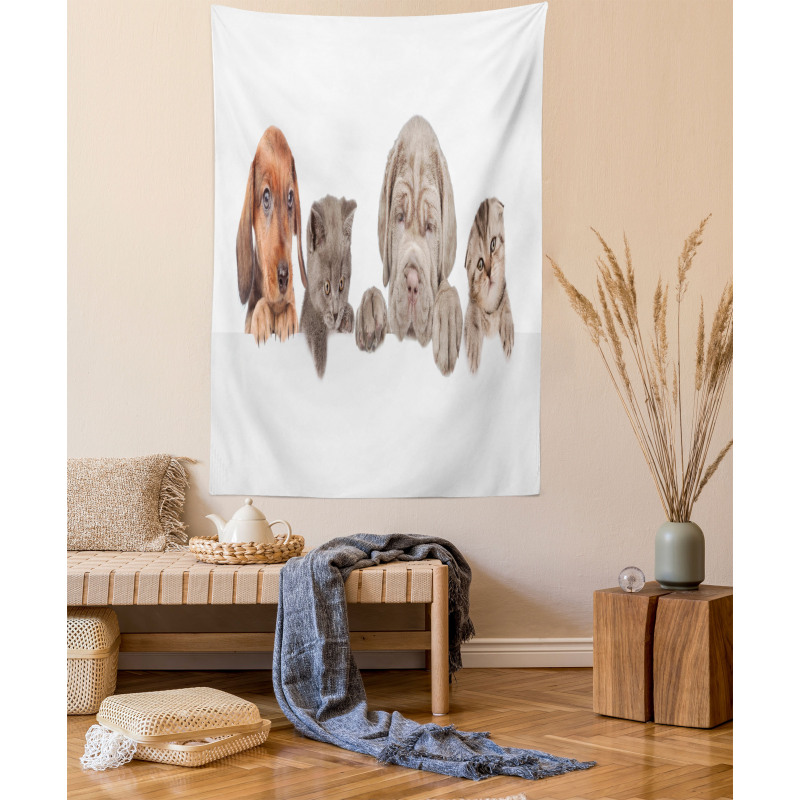 Pets Peeking over Wall Tapestry