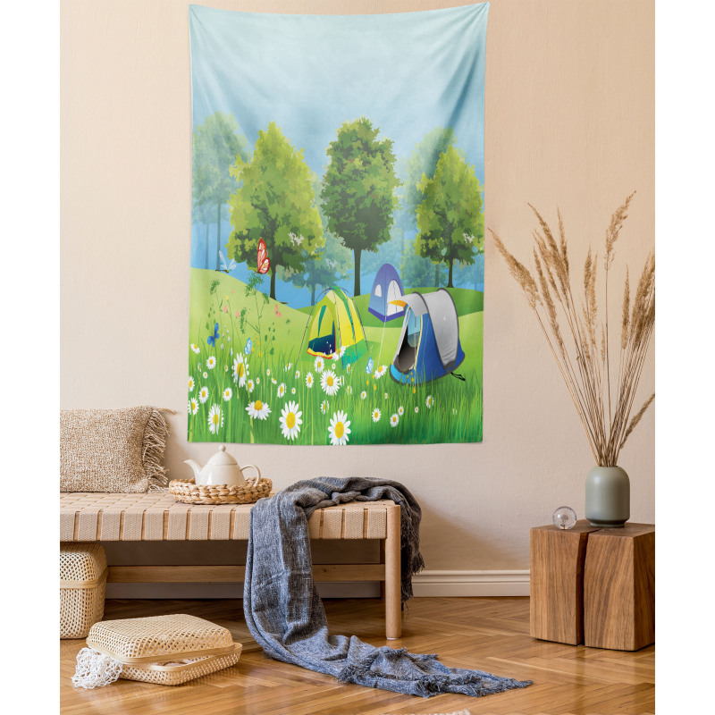 Tents in Spring Forest Tapestry