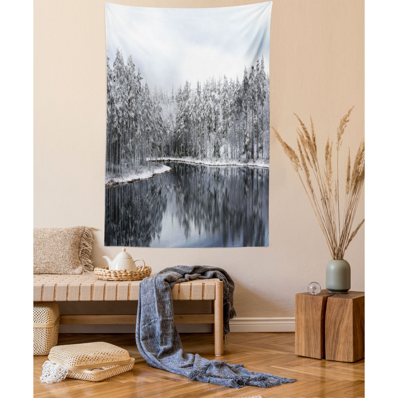 Trees in Cold Day Lake Tapestry
