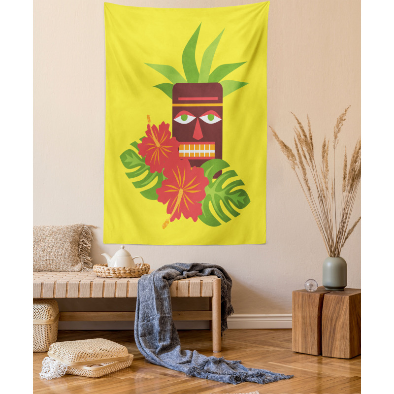 Tiki Mask and Exotic Hibiscus Tapestry