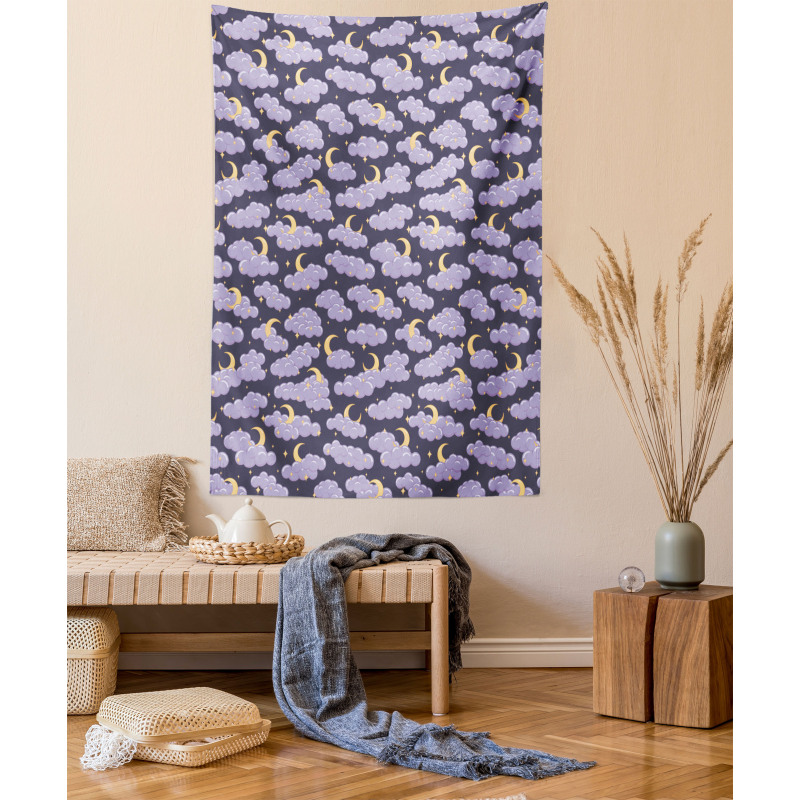 Fluffy Clouds Moon and Stars Tapestry