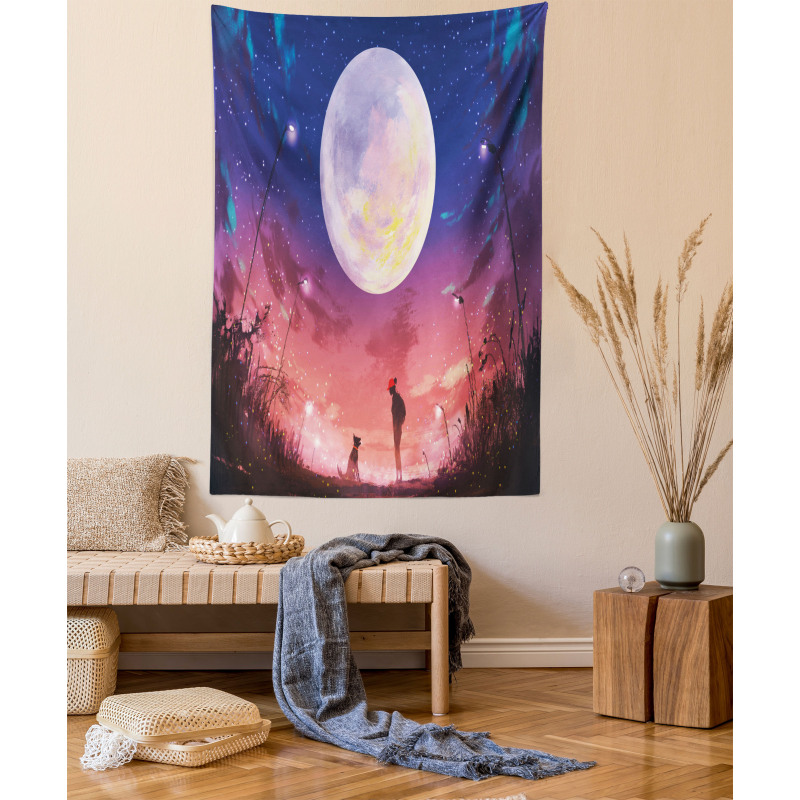 Dog Under Huge Moon Tapestry
