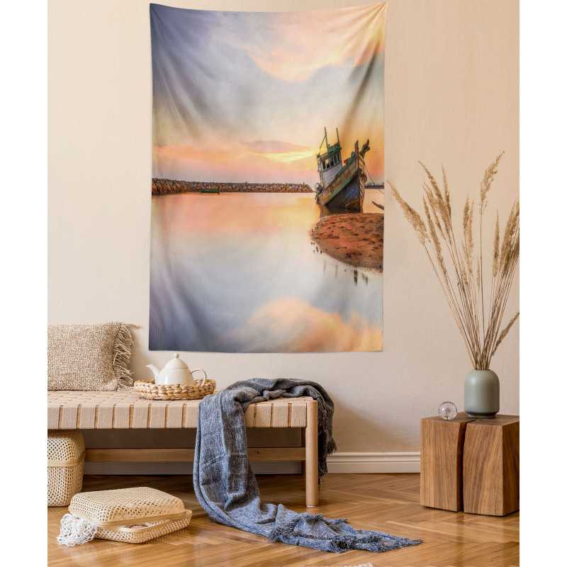 Boat on Beach Dusk Tapestry