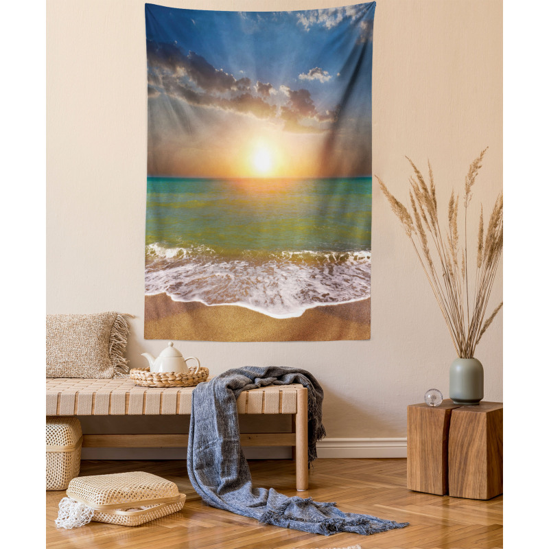 Sandy Beach Waves Sunset Tapestry