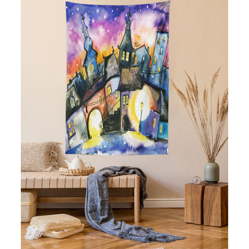 Town Night Watercolor Tapestry