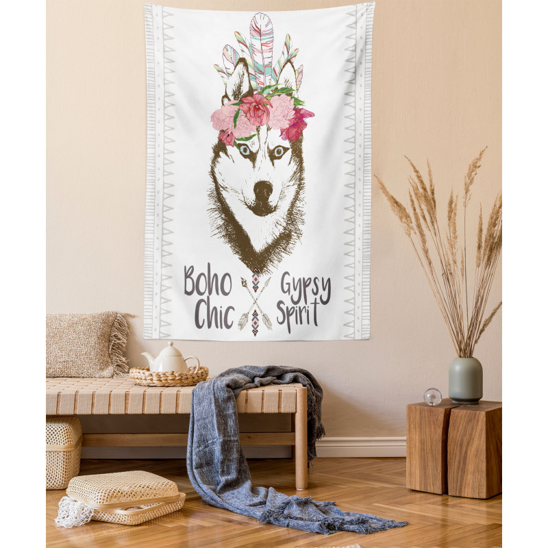 Flowers Feathers Husky Tapestry