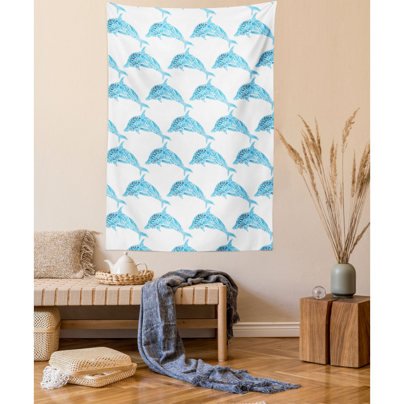 Aqua Dolphins Leaves Tapestry