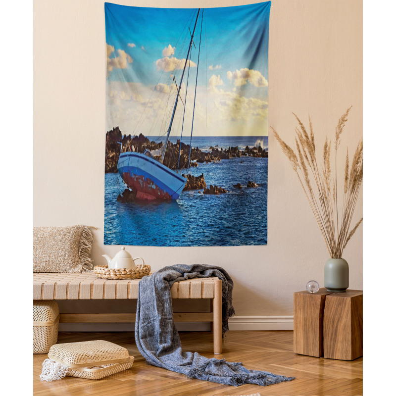 Yacht on Rocks Harbor Tapestry