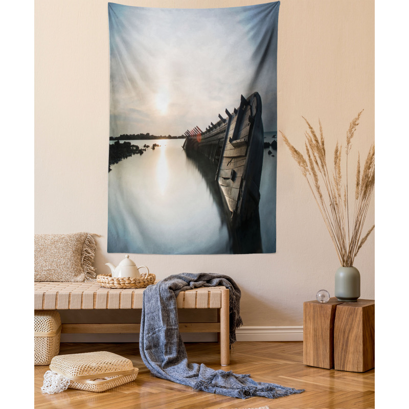 Sinking Boat Sunset Tapestry