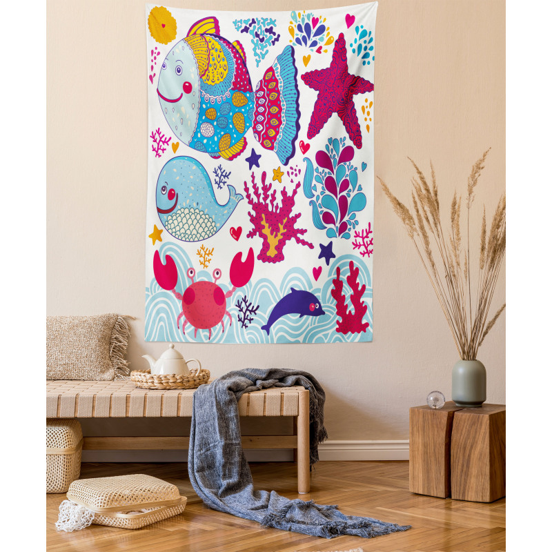 Cartoon Marine Ocean Life Tapestry