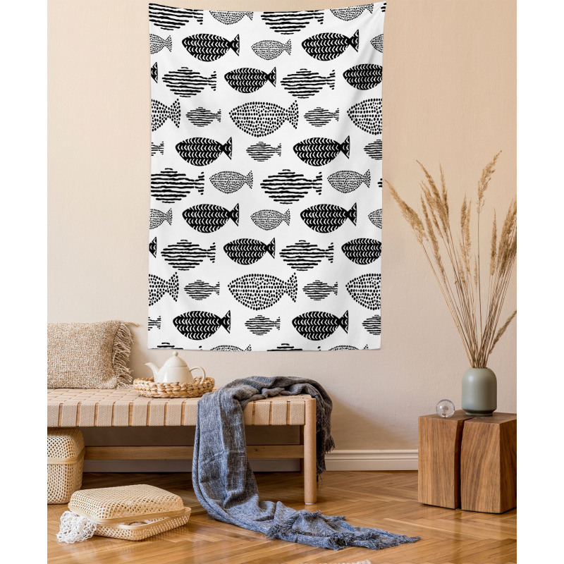 Sea Animals Black White Tapestry