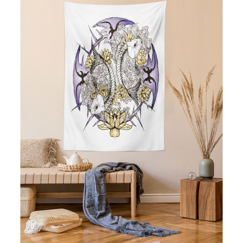 Fish Skeleton Lotus Art Tapestry