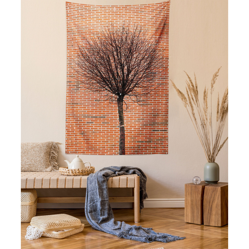 Brick Wall Lonely Fall Tree Tapestry