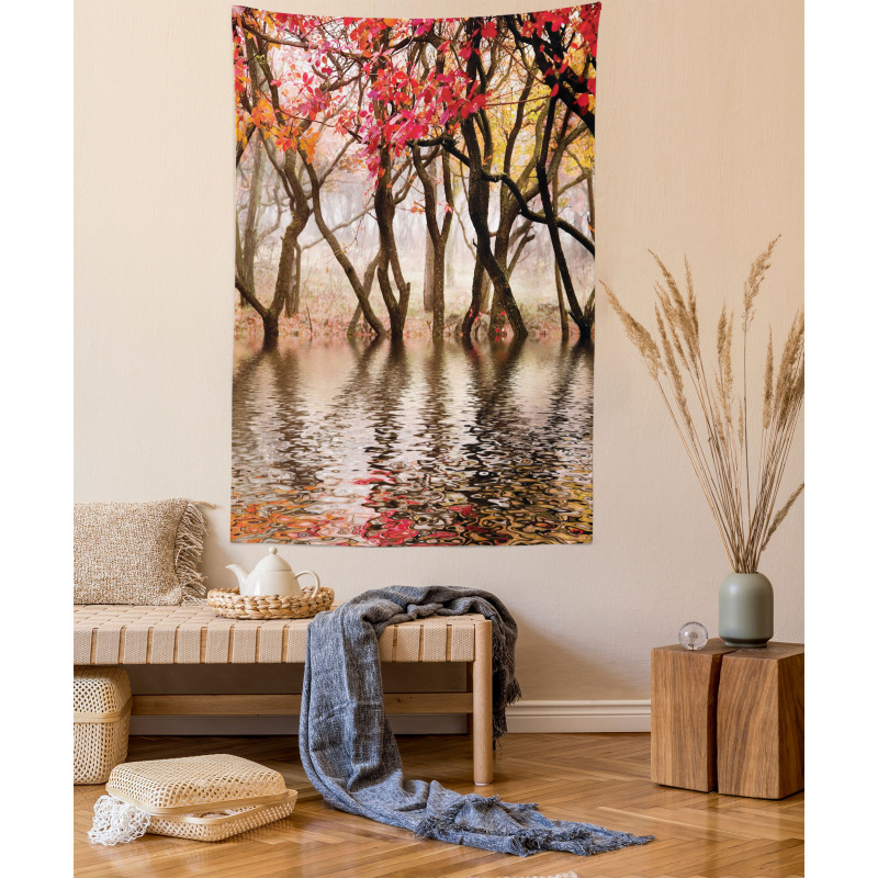 Fall Season River with Trees Tapestry
