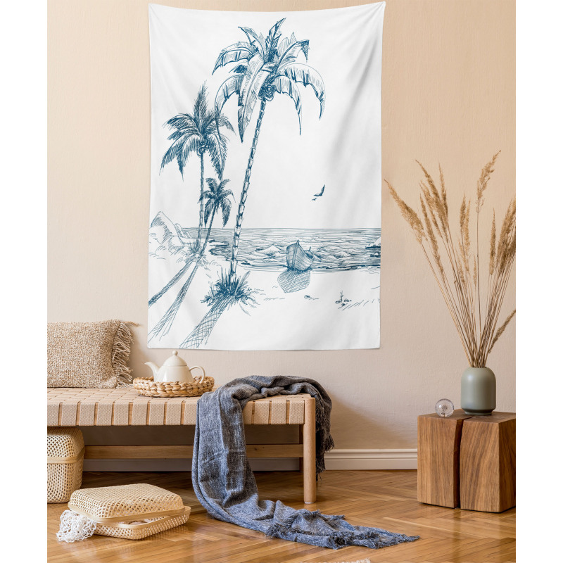 Palm Tree Boat Sketch Tapestry
