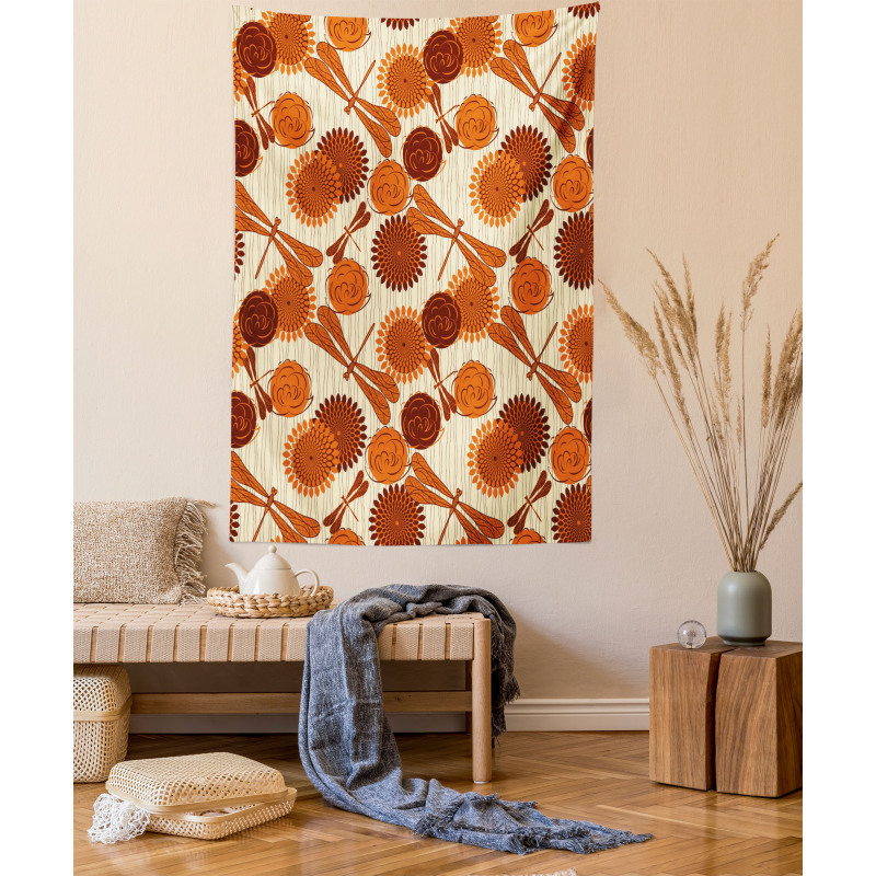 Orange Flowers Dragonfly Tapestry