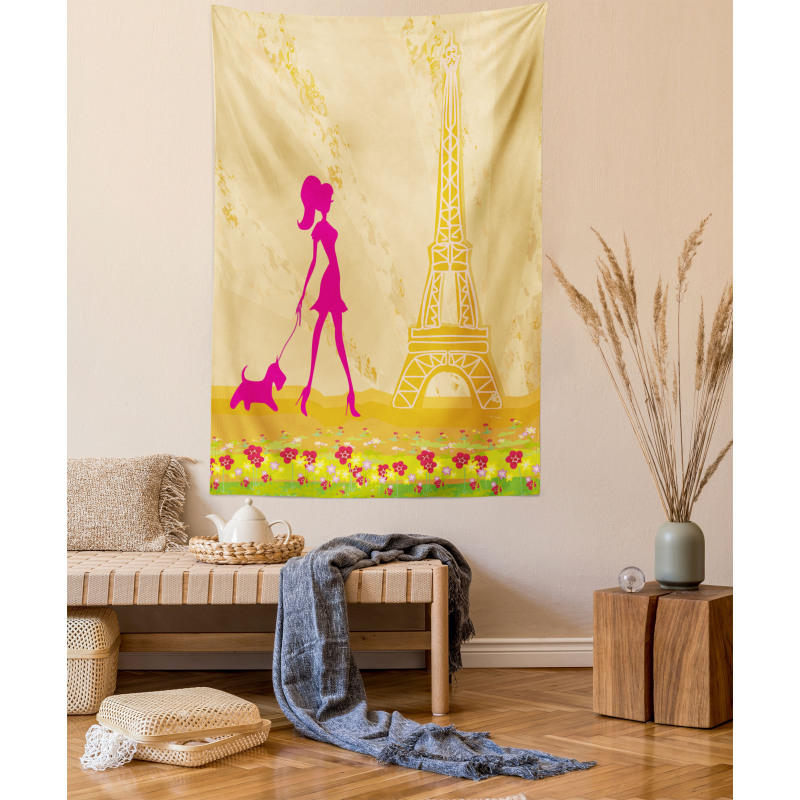 Pink Girl Dog Eiffel Tapestry