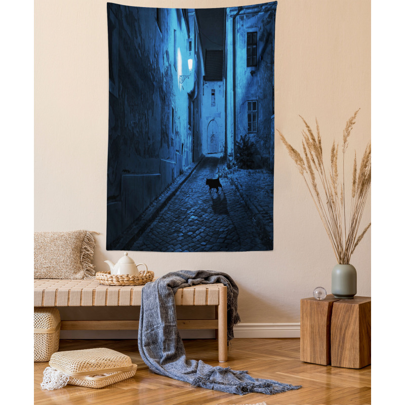 Black Cat Deserted Street Tapestry