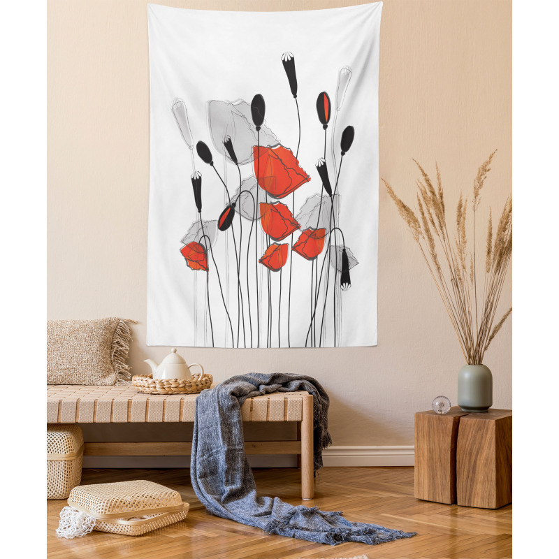 Hand Drawn Poppy Flowers Tapestry